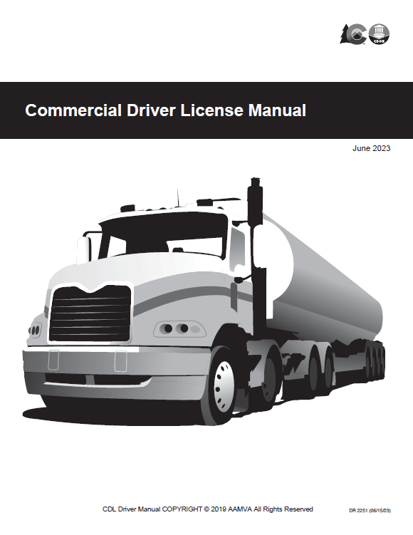 2023 Commercial Driver Manual white blank cover with a drawing of a semi-truck pulling a tank