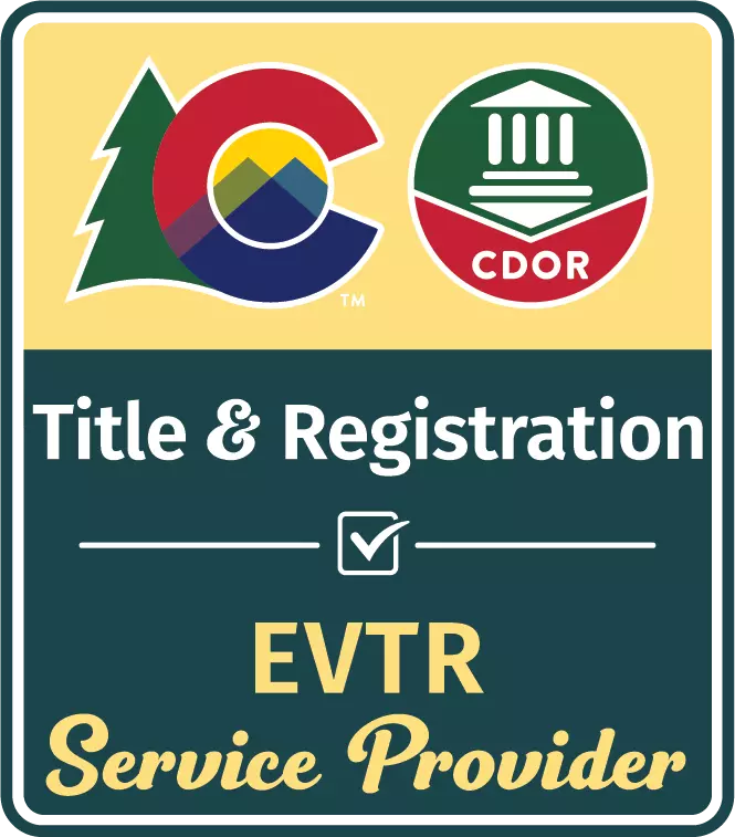 Square badge with Colorado logo and CDOR logo on yellow background. The words Title and Registration EVTR Service Provider with a checkmark are reversed out of a green background below the logos.