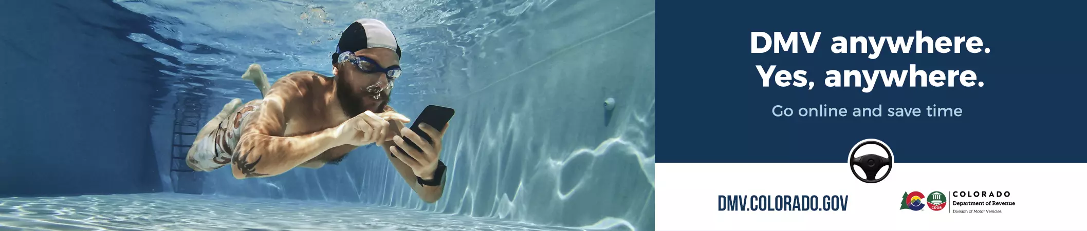 Swimmer underwater on cell phone with sign that says DMV Anywhere. Yes, Anywhere.