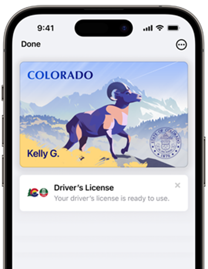 Front of an iphone with the Colorado mobile ID on the top and a notification with the CDOR logo that says Drivers License, Your driver license is ready to use.