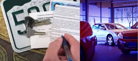 image of Colorado license plate corner under keys and proof of insurance and a hand signing the registration, the next image is a car showroom