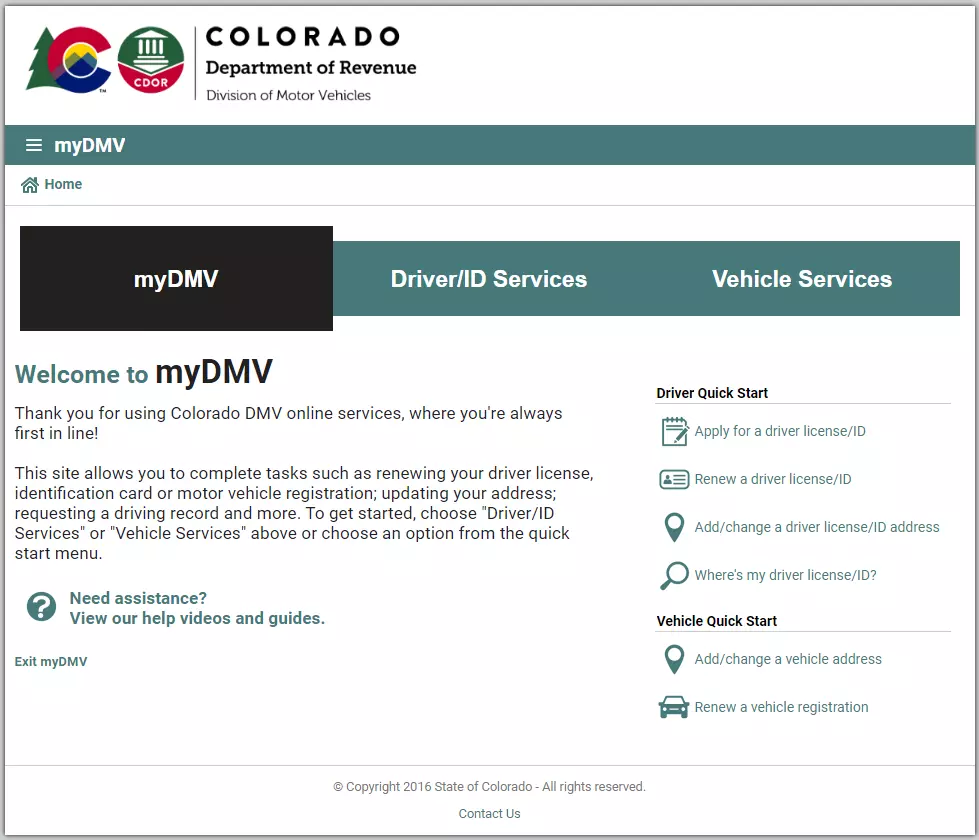 myDMV app screen of home page. Select if you need Driver services or Vehicle services from main bar, or review the quick start guides on the lower right side of screen.