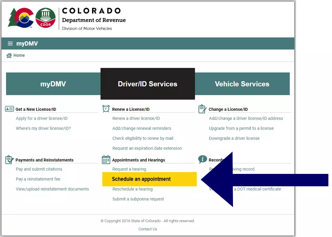 After clicking on Driver ID Services, select Schedule an Appointment from the lower center menu options. A yellow box is highlighting the bold text with a blue arrow pointing to the location.