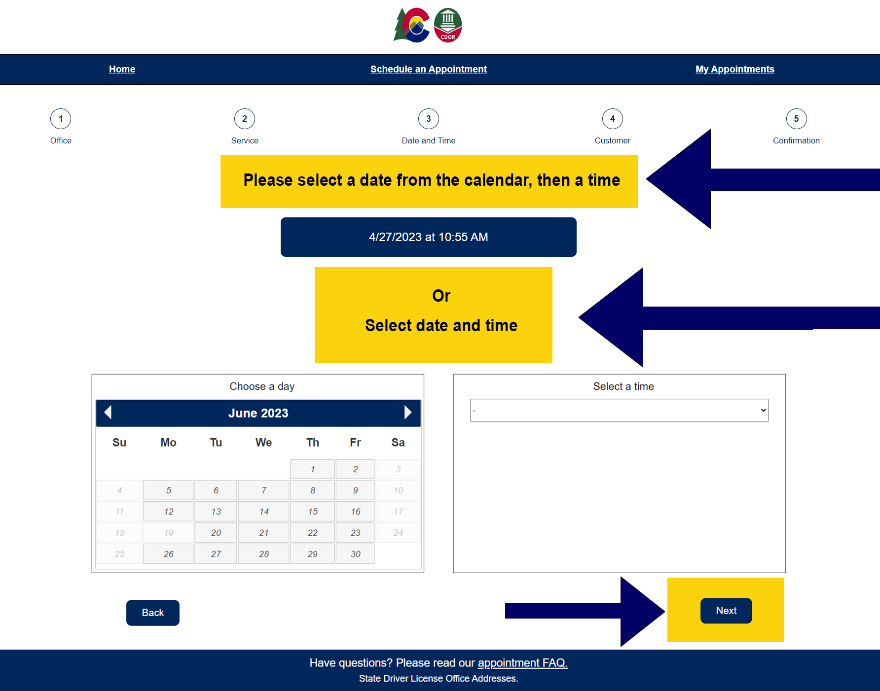 Screen view of myDMV step 5. You can select the first available date and time in the top blue button, or select a date from the calendar in the lower left and available time slots on the right for that date. Click Next to continue