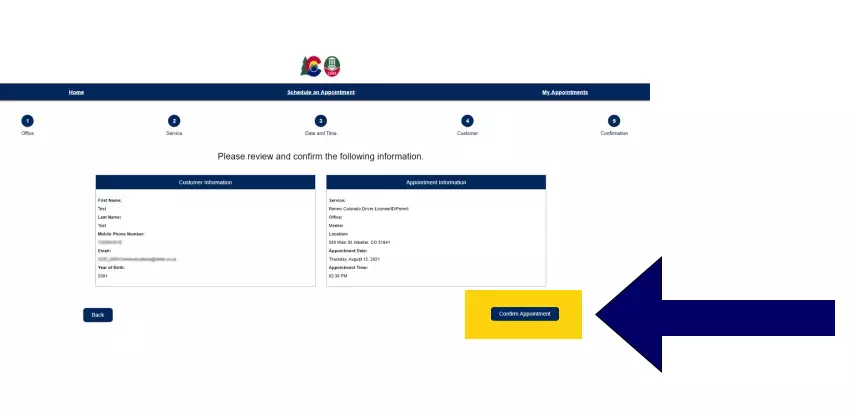 Screen view of the myDMV app last step where you review your information and click "confirm appointment". After this step, you are scheduled.